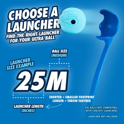 Blue launcher with ultra ball on a blue background, featuring text on launcher and ball compatibility.