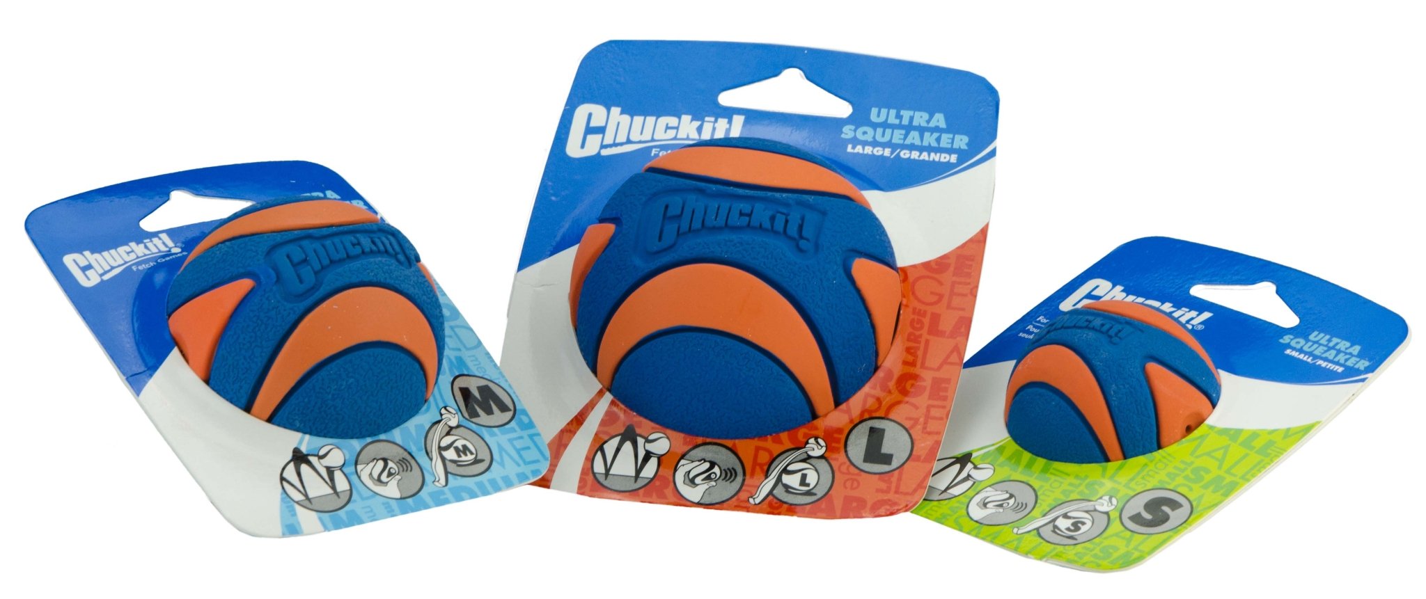 Three Chuckit! Ultra Squeakz dog toys in blue and orange packaging on a white background.