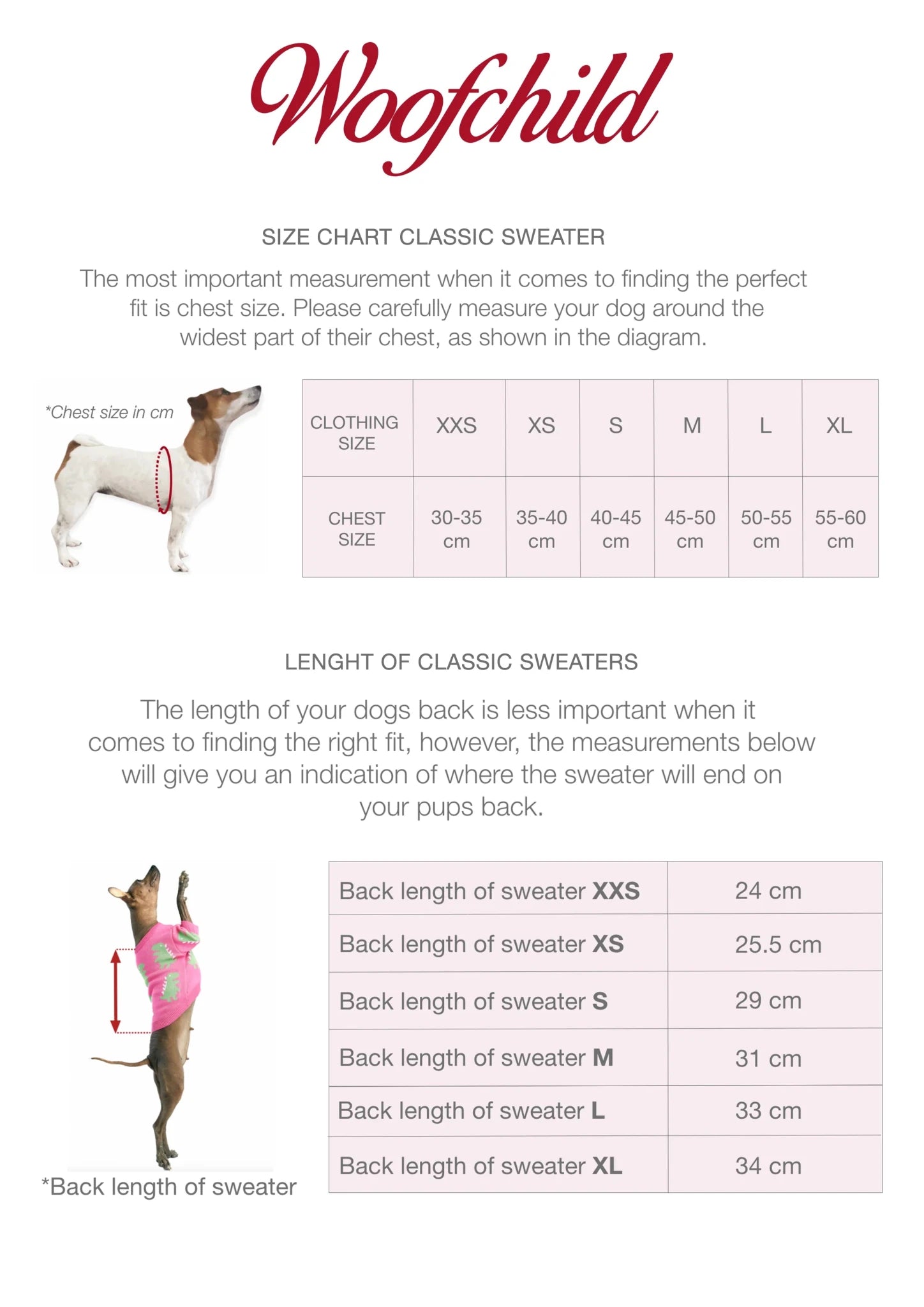 Woofchild dog sweater size chart with measurements and illustrations of dogs.