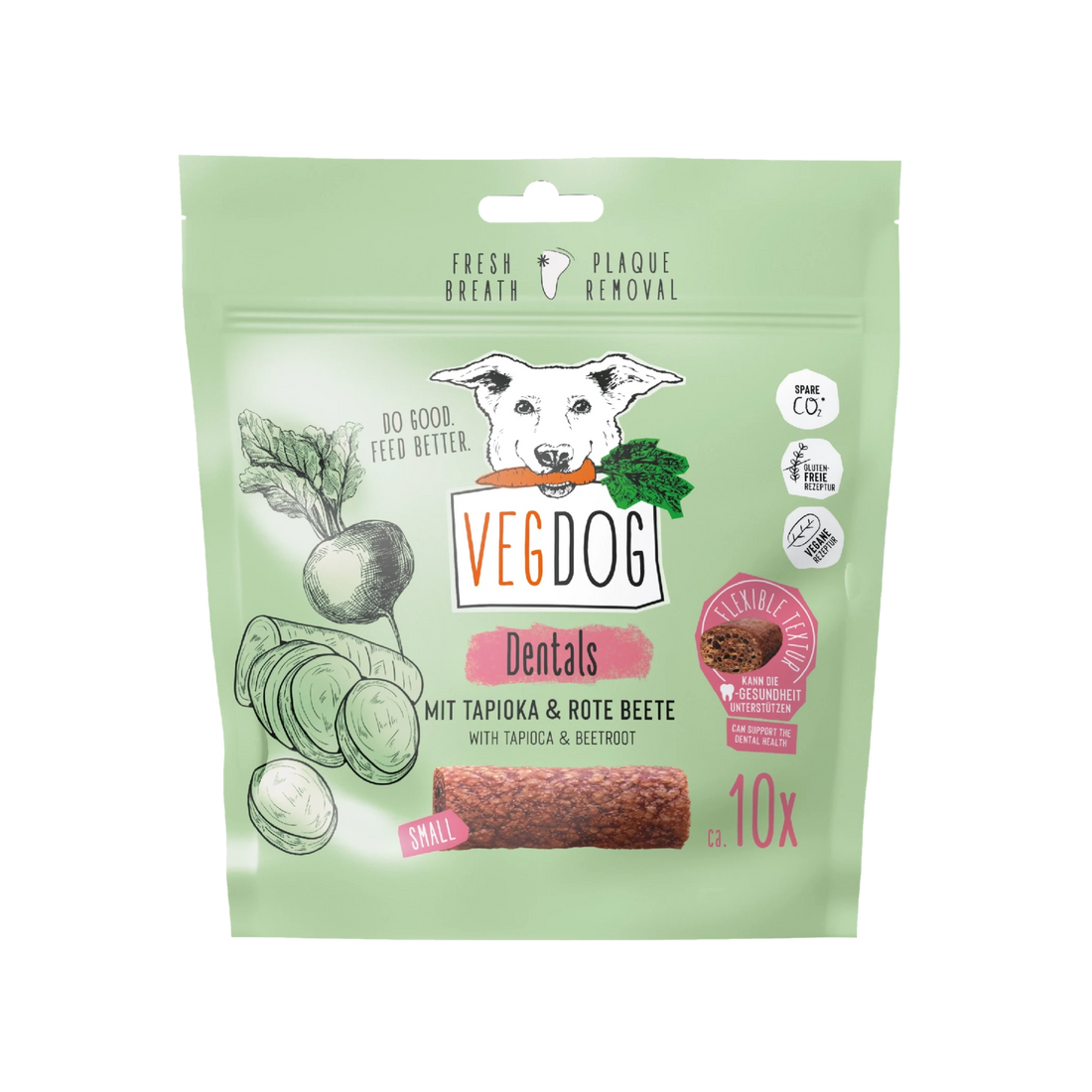 VegDog dental treat package for dogs on a white background