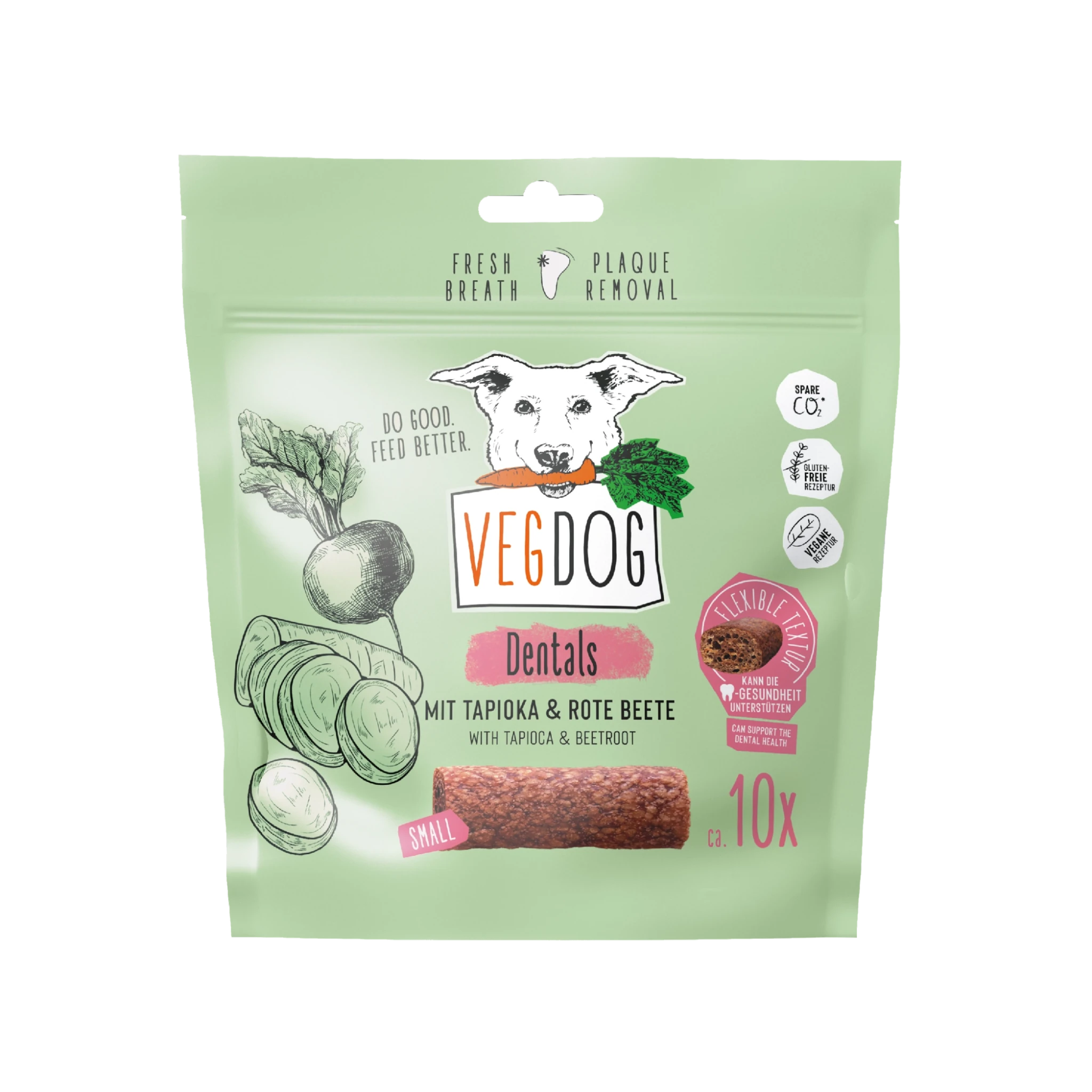 VegDog dental treat package for dogs on a white background