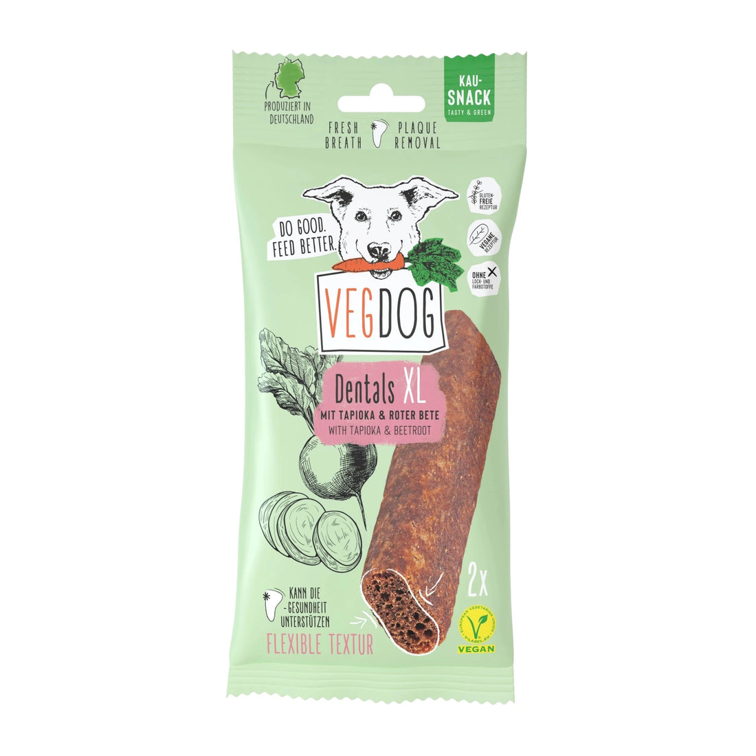 VegDog dental treat packaging with a green background