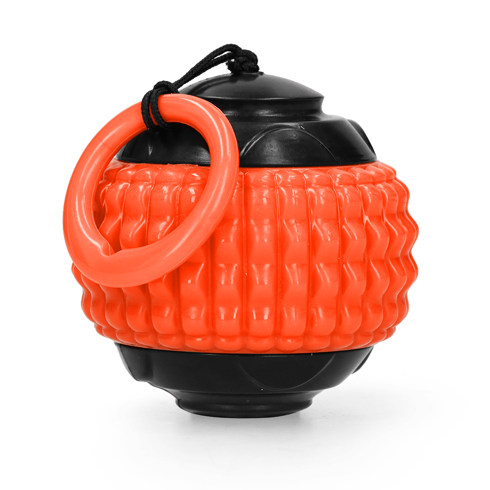 Orange and black textured ball with a handle on a transparent background