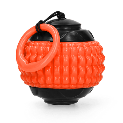 Orange and black textured ball with a handle on a transparent background