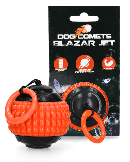 Orange and black dog toy with packaging displaying &