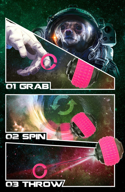 Illustration of a dog in an astronaut suit with space-themed text and graphics.
