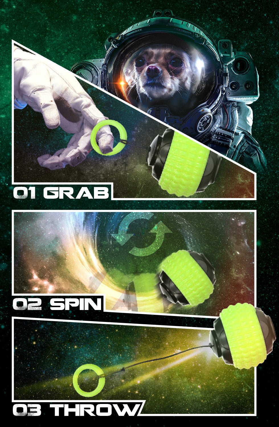 Dog in an astronaut suit with space-themed graphics and text on a dark green background