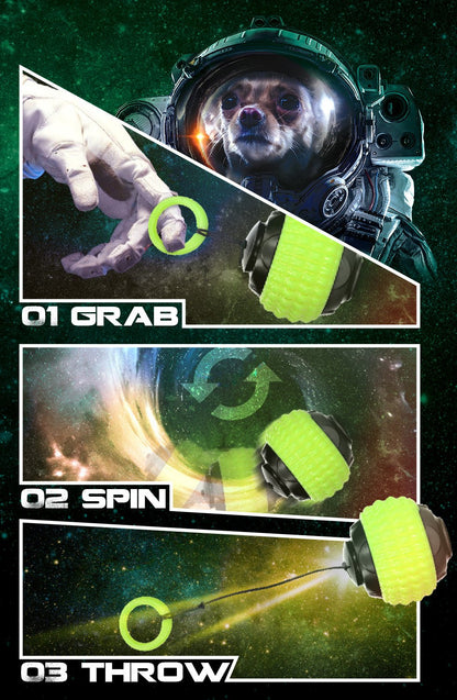 Dog in an astronaut suit with space-themed graphics and text on a dark green background