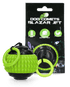 Green and black dog toy with packaging labeled &