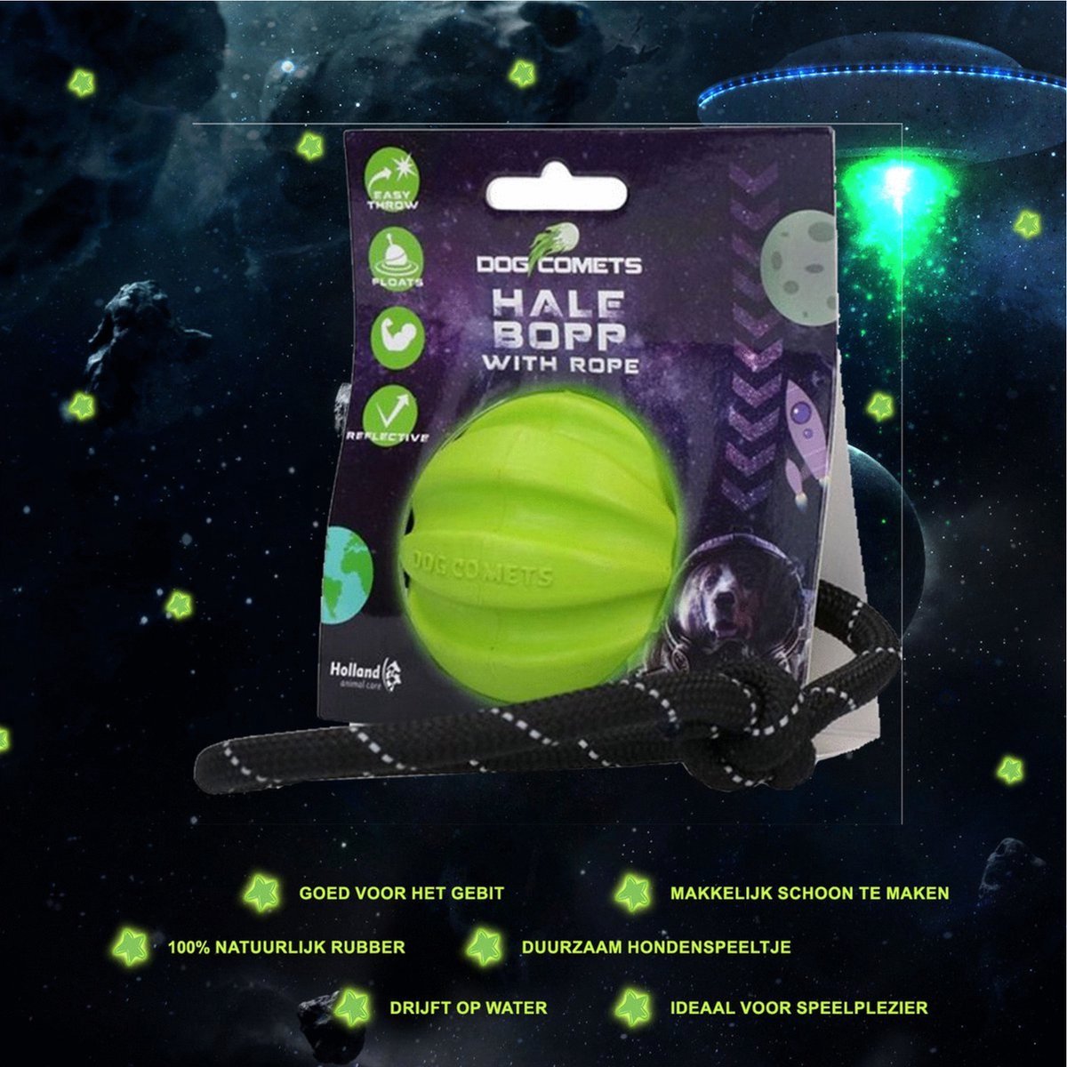 Green ball with rope in its packaging on a space-themed background