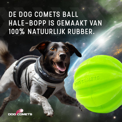 Dog in space suit holding a green ball with space-themed background