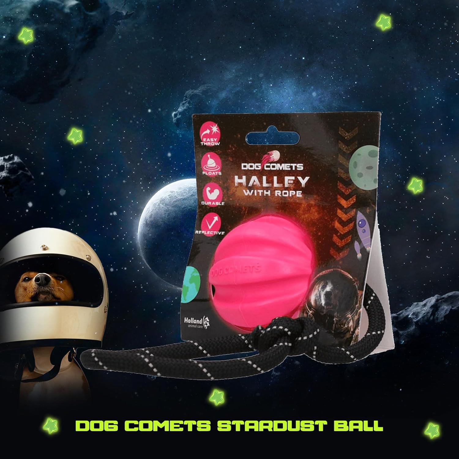 Dog toy packaging with a pink ball and rope on a space-themed background