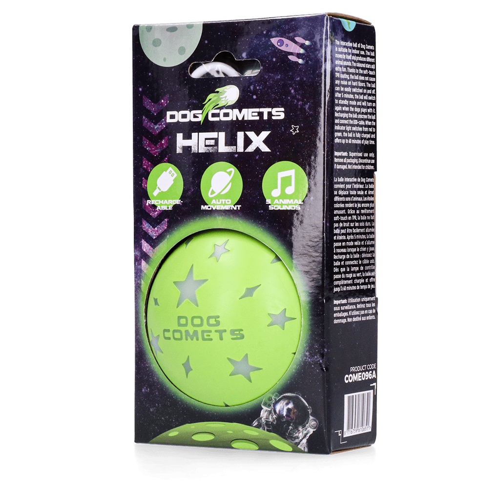 Box of Dog Comets Helix ball with green ball design on a black background