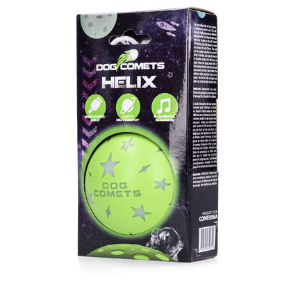 Box of Dog Comets Helix ball with green ball design on a black background