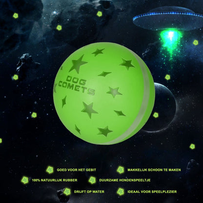 Green dog toy with star patterns on a space-themed background