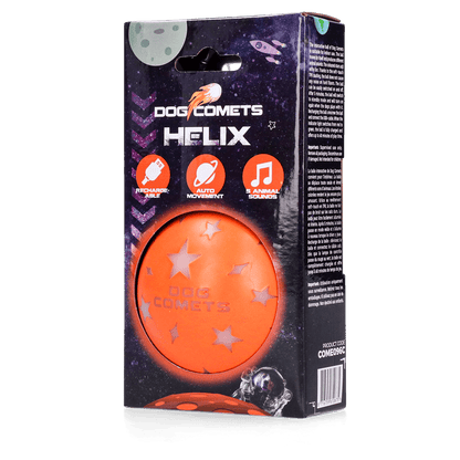 Box of Dog Comets Helix ball with space-themed design