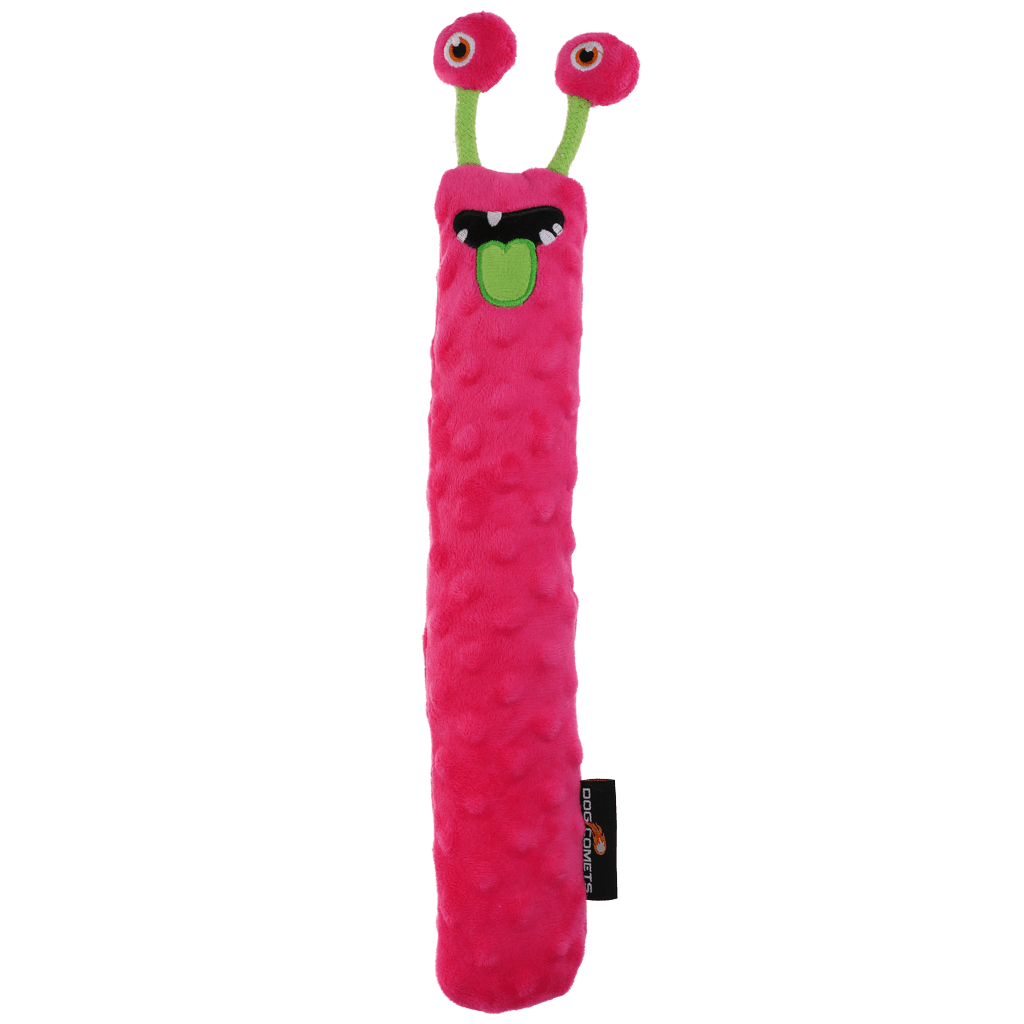 Pink plush toy with googly eyes and a green mouth on a white background