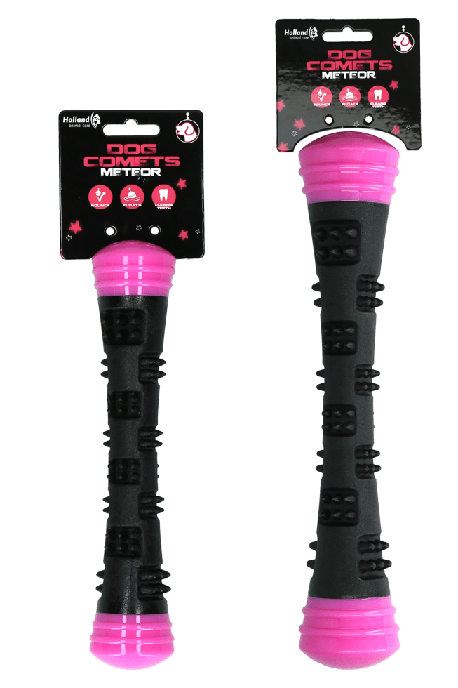 Two pink and black dog chew toys with packaging on a white background