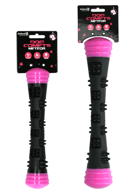 Two pink and black dog chew toys with packaging on a white background