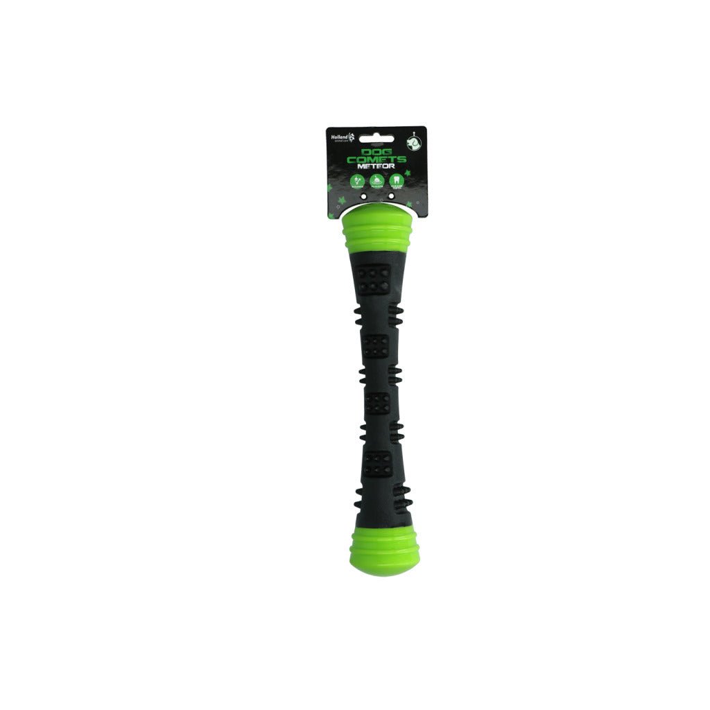 Black and green dog toy with packaging on a white background