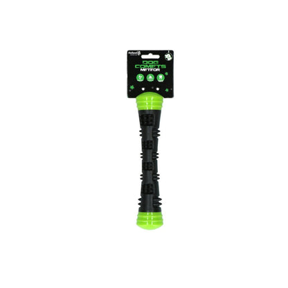 Black and green dog toy with packaging on a white background