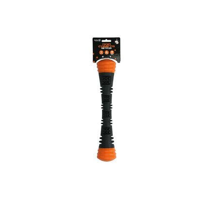Black and orange dog toy with packaging on a white background
