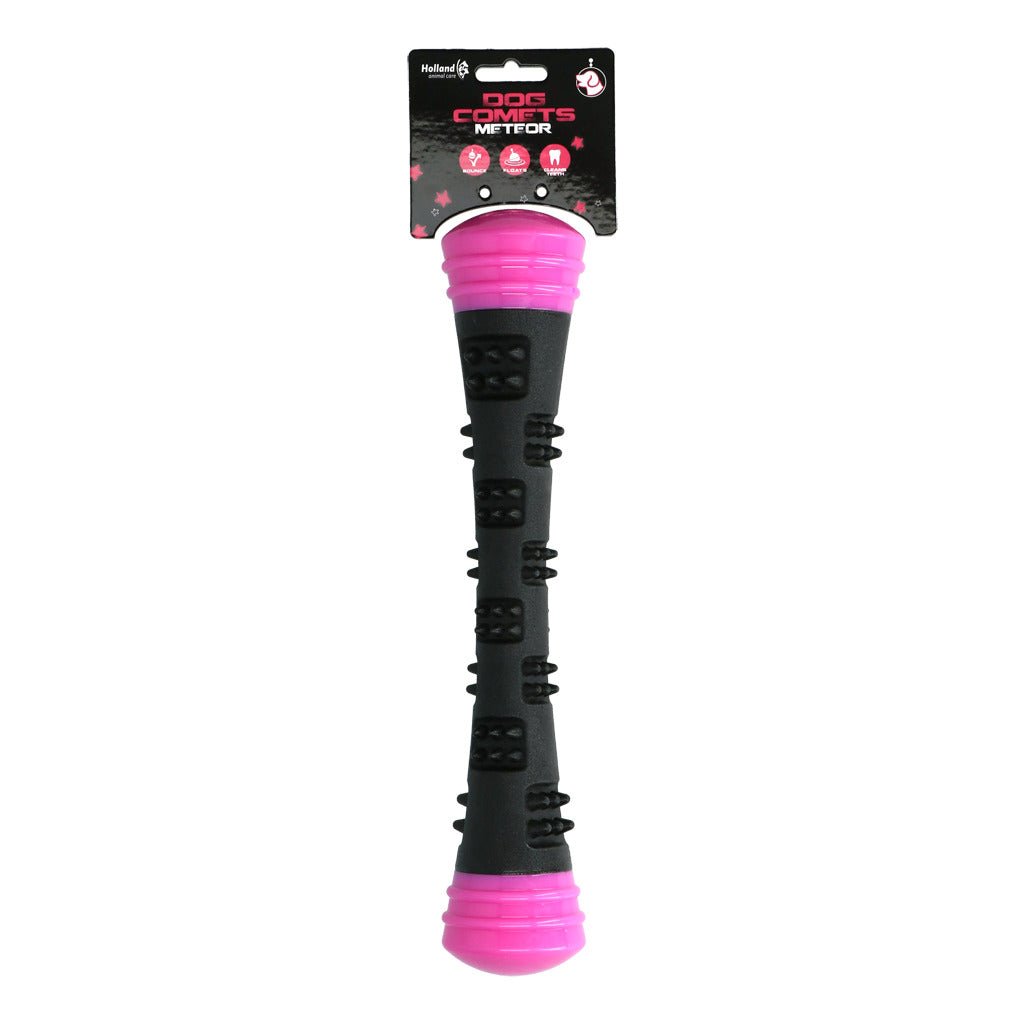 Black and pink dog chew toy with packaging on a white background