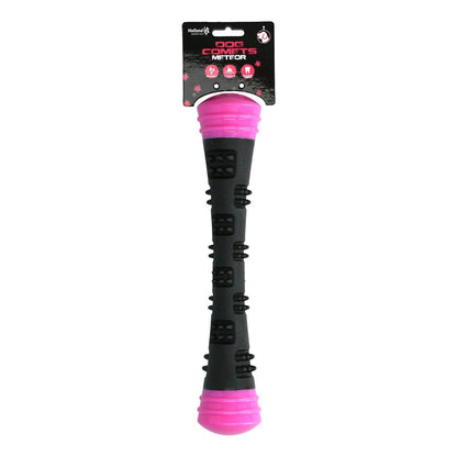 Black and pink dog chew toy with packaging on a white background