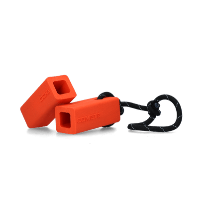 Two orange plastic clips with a black cord on a transparent background