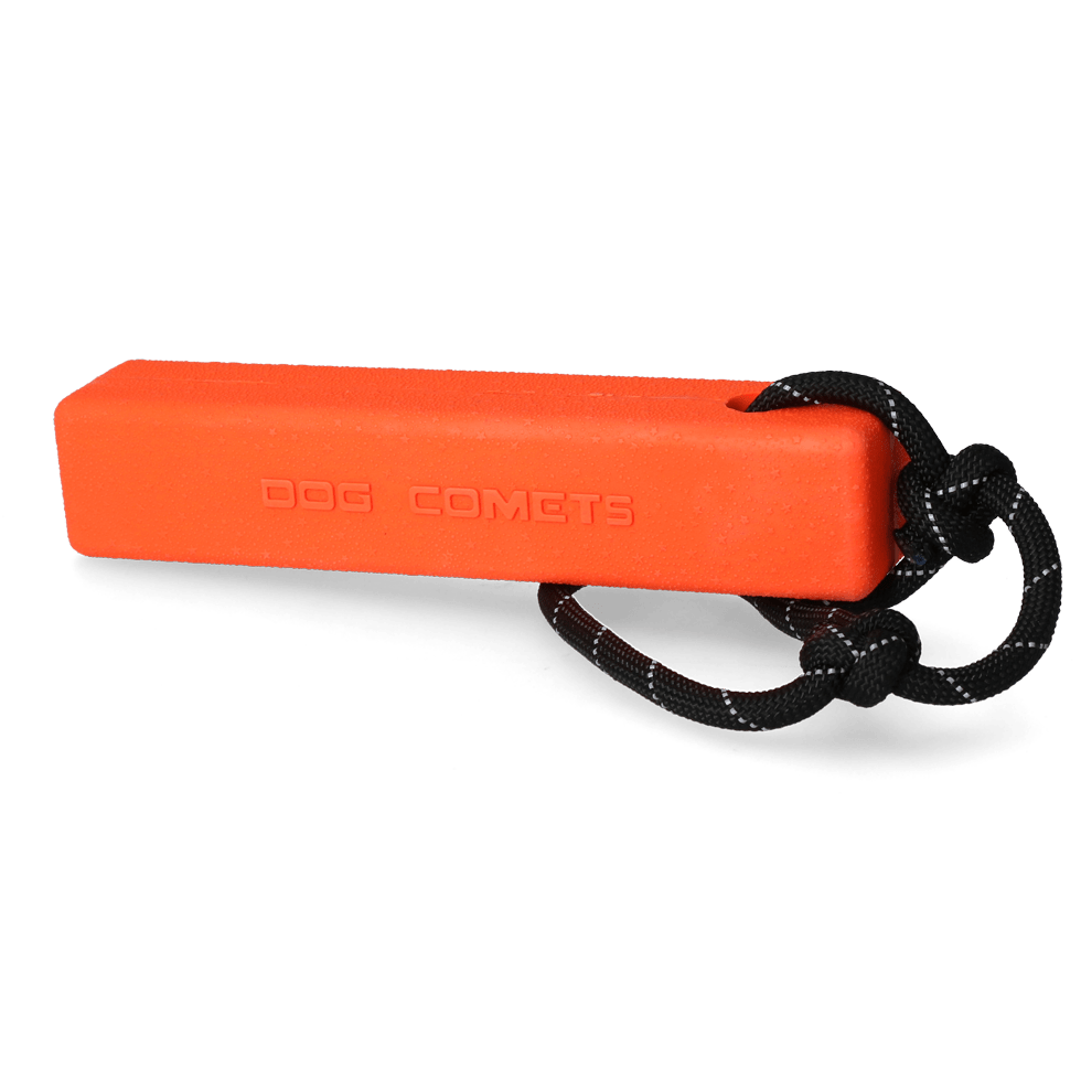 Orange safety whistle with a black lanyard on a white background