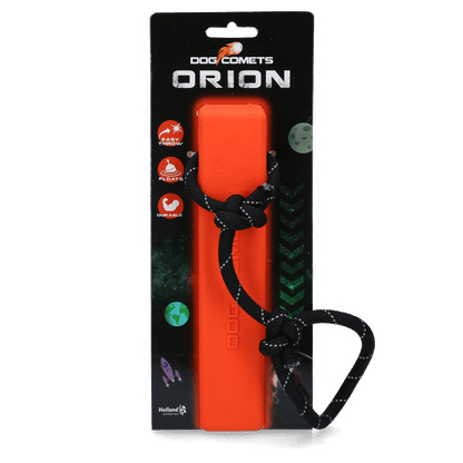 Packaged orange dog toy with black handle and &
