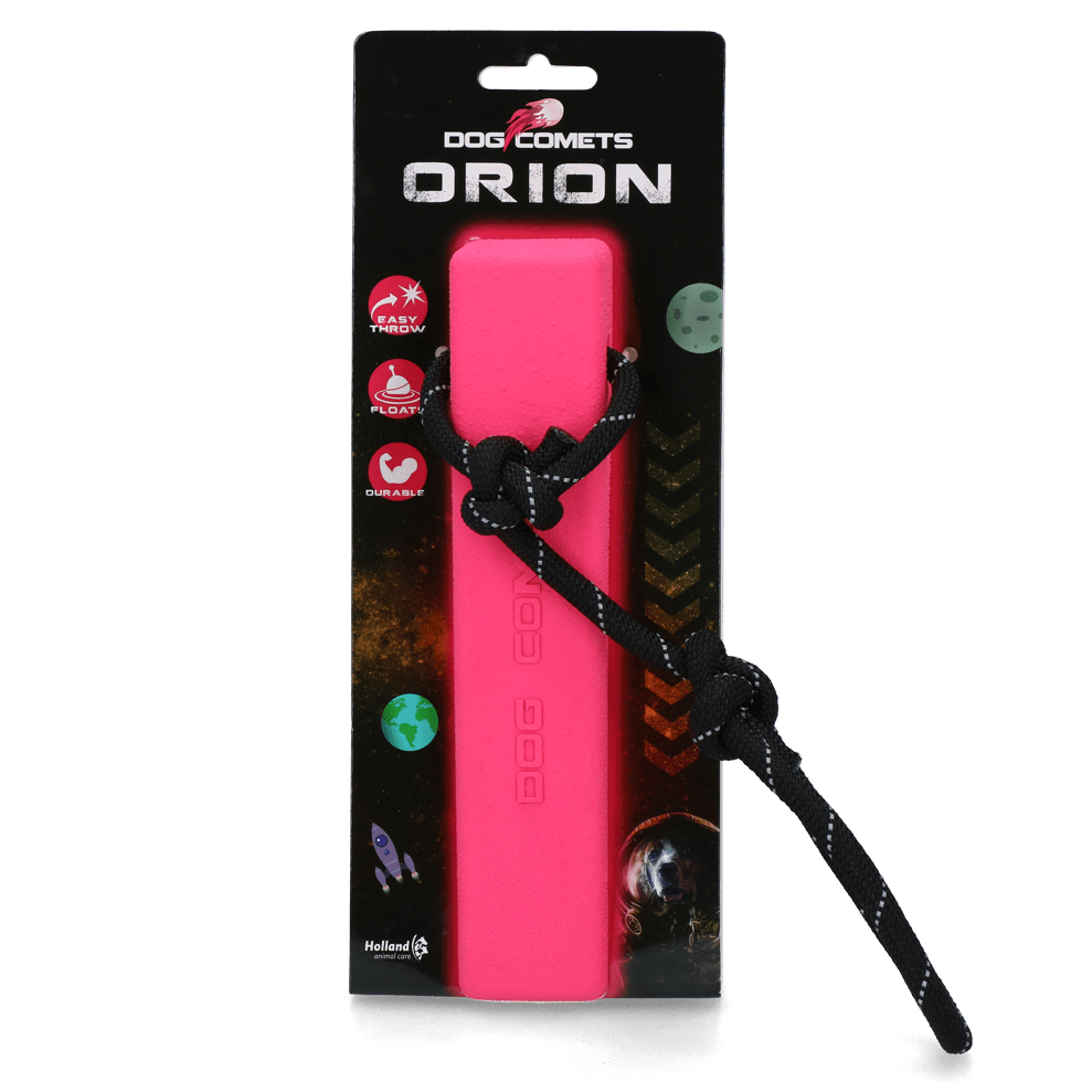 Pink dog toy with black rope on a black packaging background, featuring &