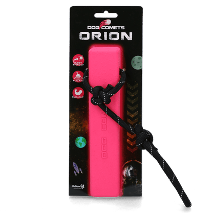 Pink dog toy with black rope on a black packaging background, featuring &