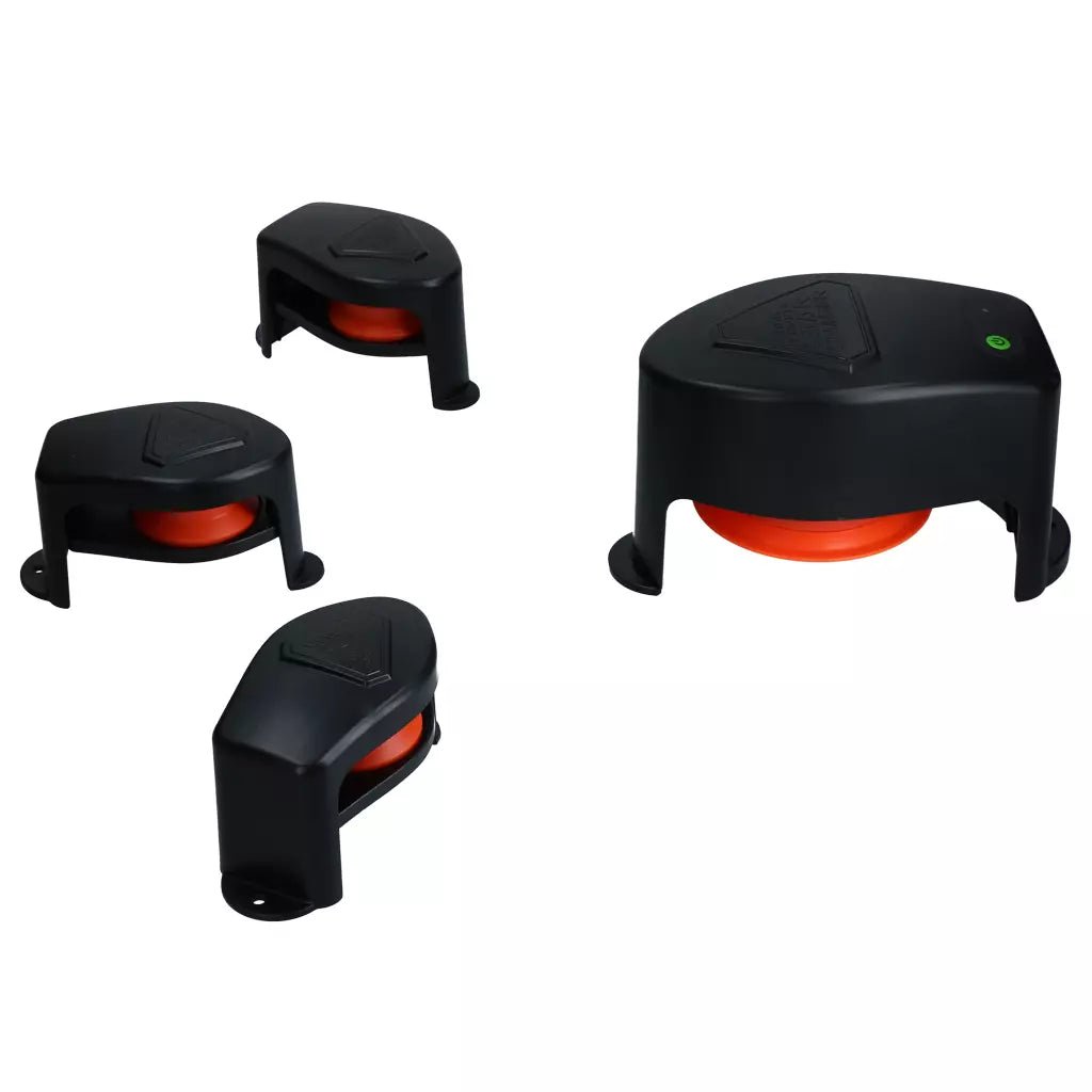 Set of black and red electronic devices on a white background