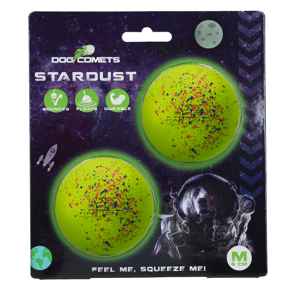 Packaging of two green dog toys with colorful speckles, branded &