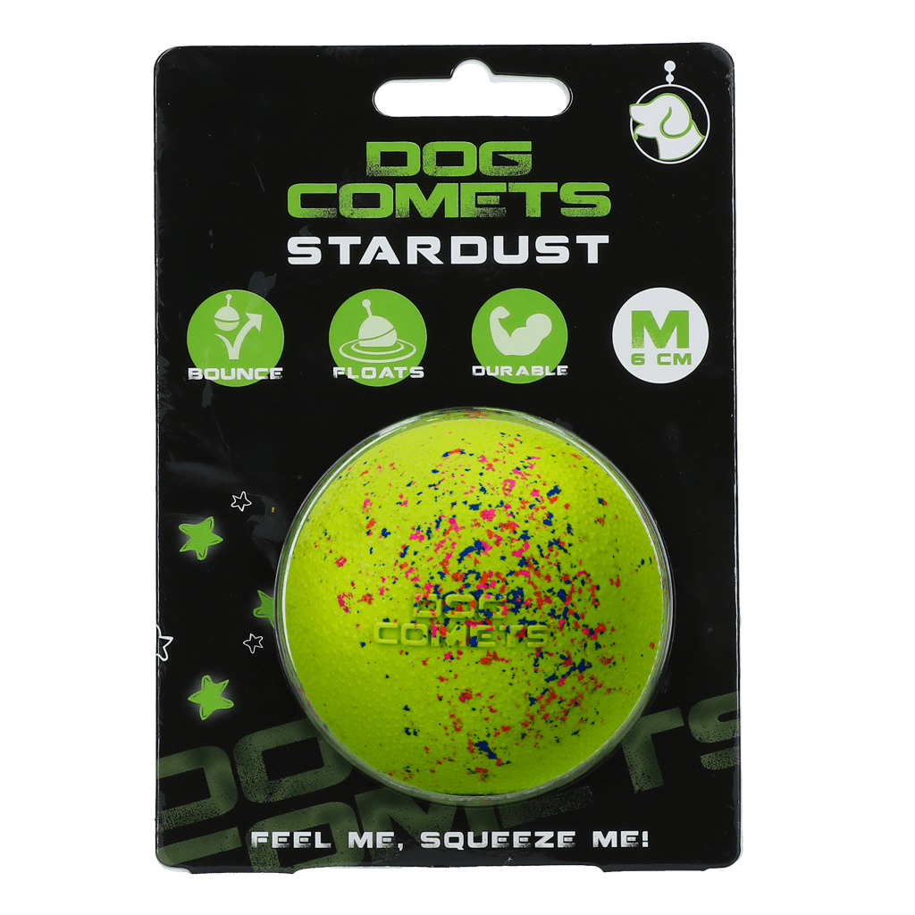 Dog Comets Stardust ball packaging with a yellow ball featuring colorful specks on a black background.