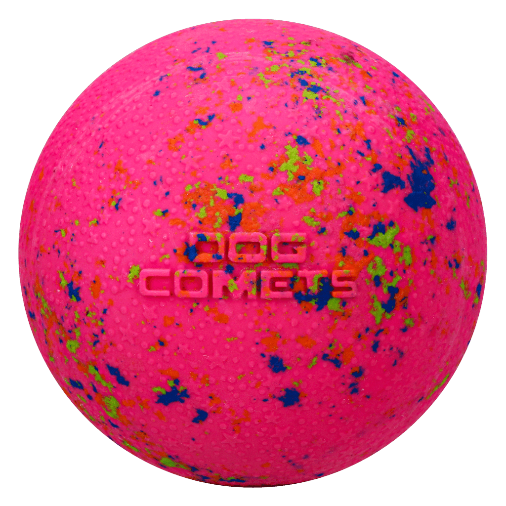 Pink dog ball with colorful speckles and &