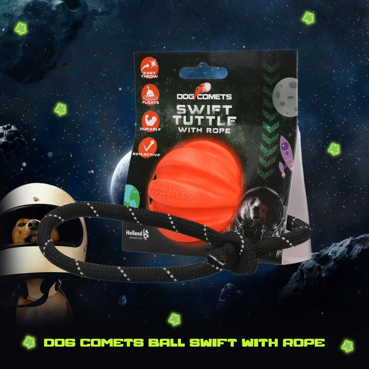 Dog toy packaging with a red ball and rope against a space-themed background