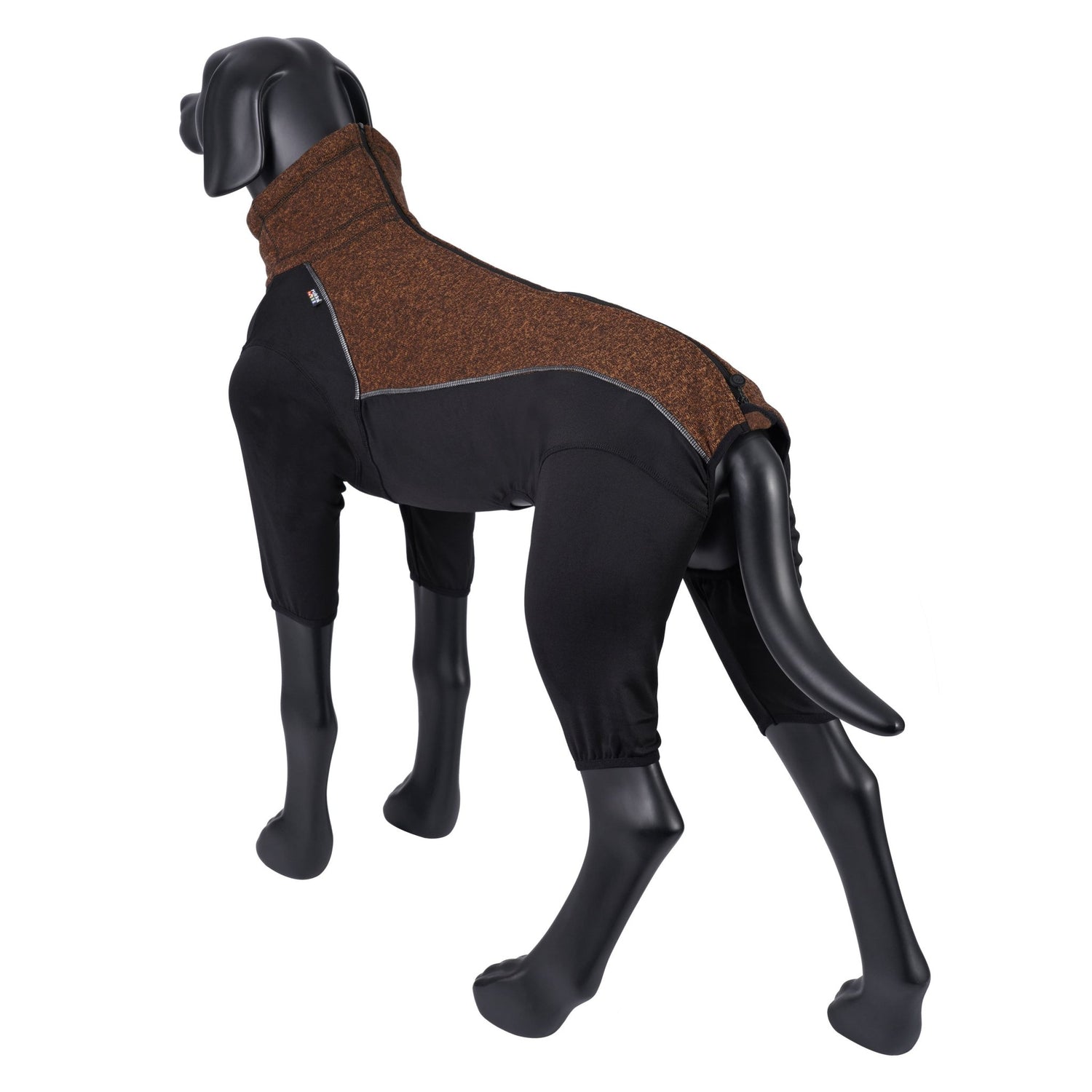 Mannequin wearing a brown and black dog coat on a white background