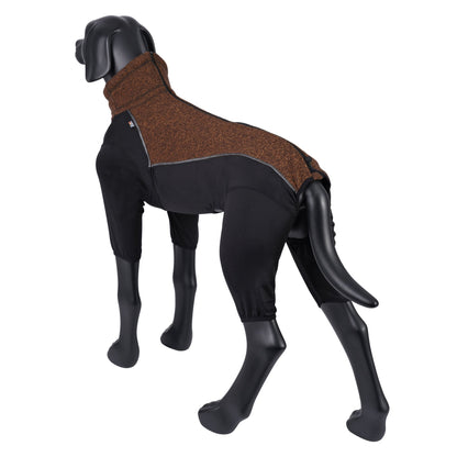 Mannequin wearing a brown and black dog coat on a white background