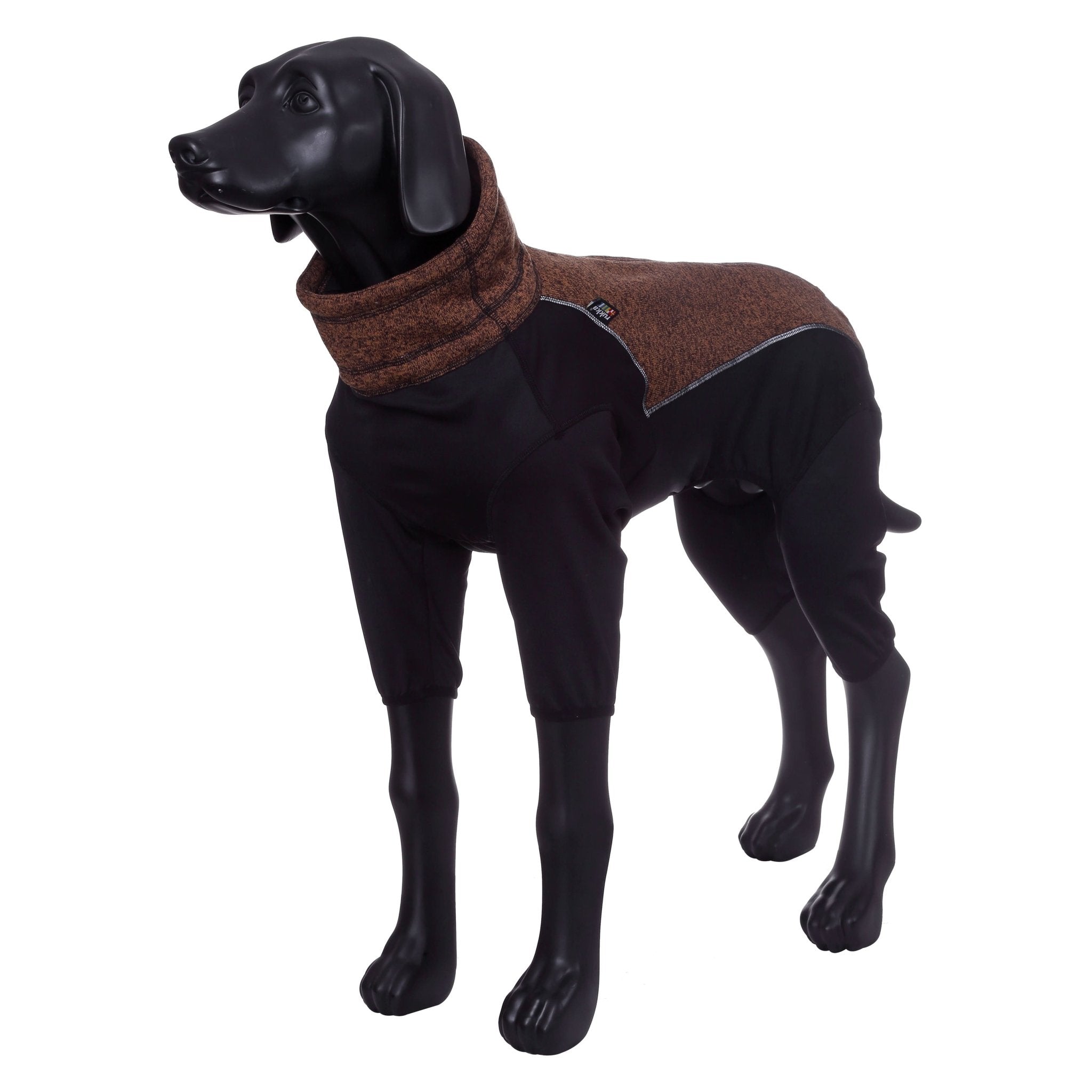 Dog wearing a brown and black jacket on a white background