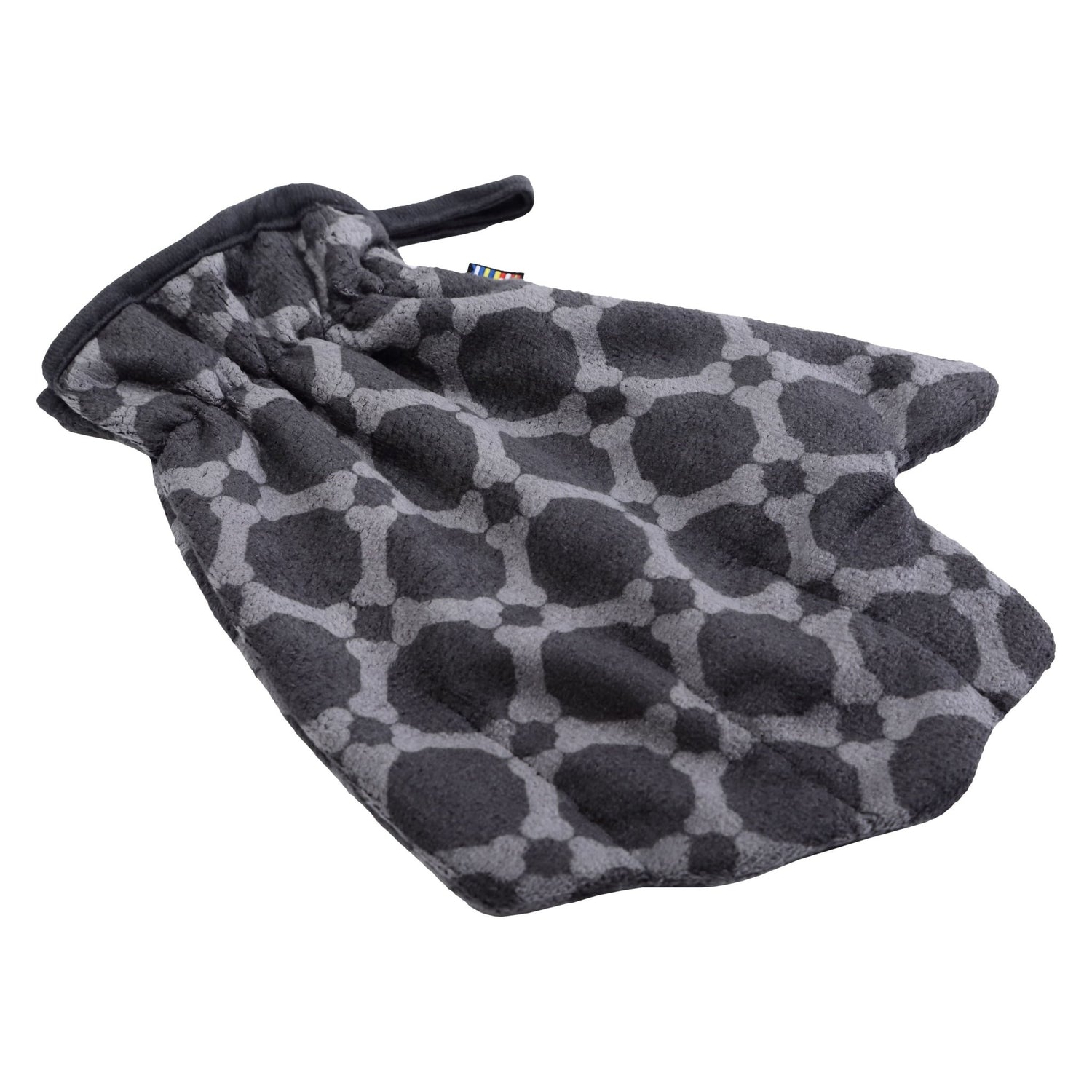 Gray textured pouch with drawstring on a white background