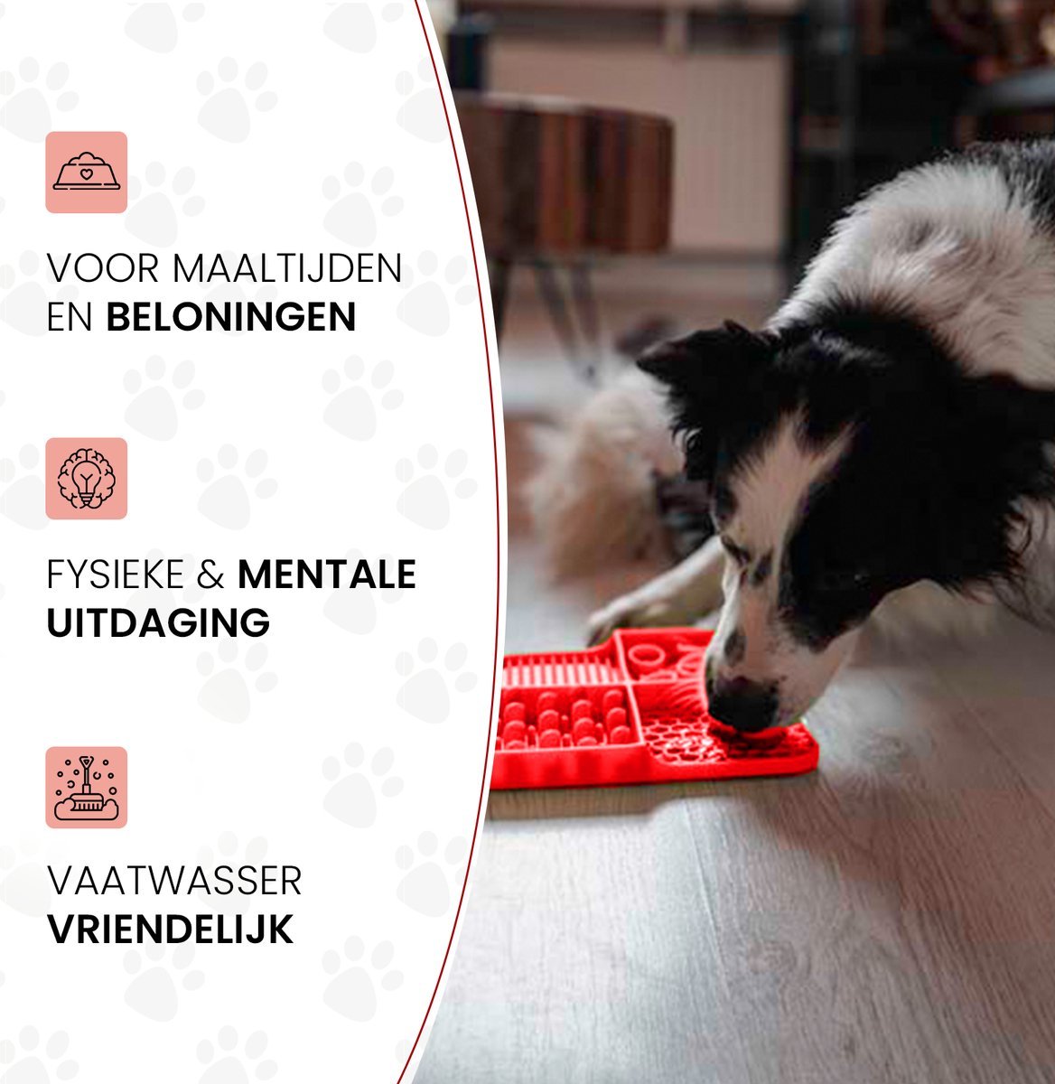 Dog interacting with a red puzzle mat on a wooden floor.