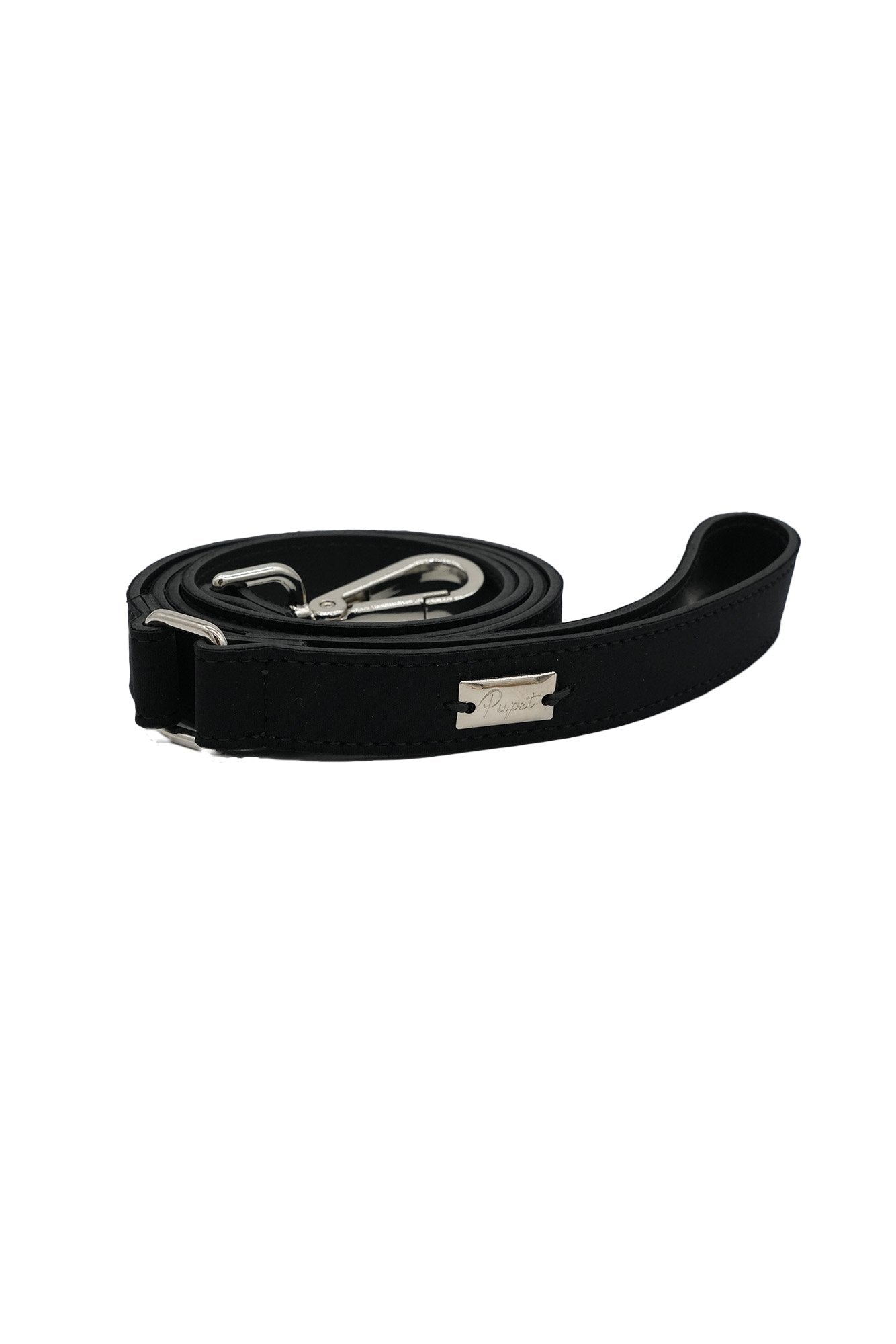 Black dog leash with silver clasp on a white background