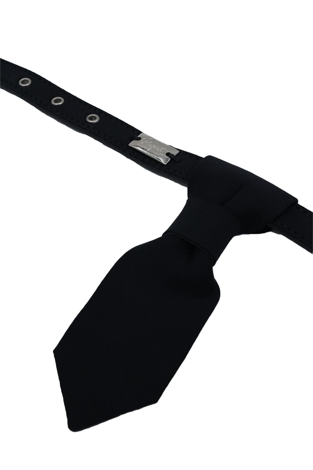 Black bow tie with a silver clasp on a white background