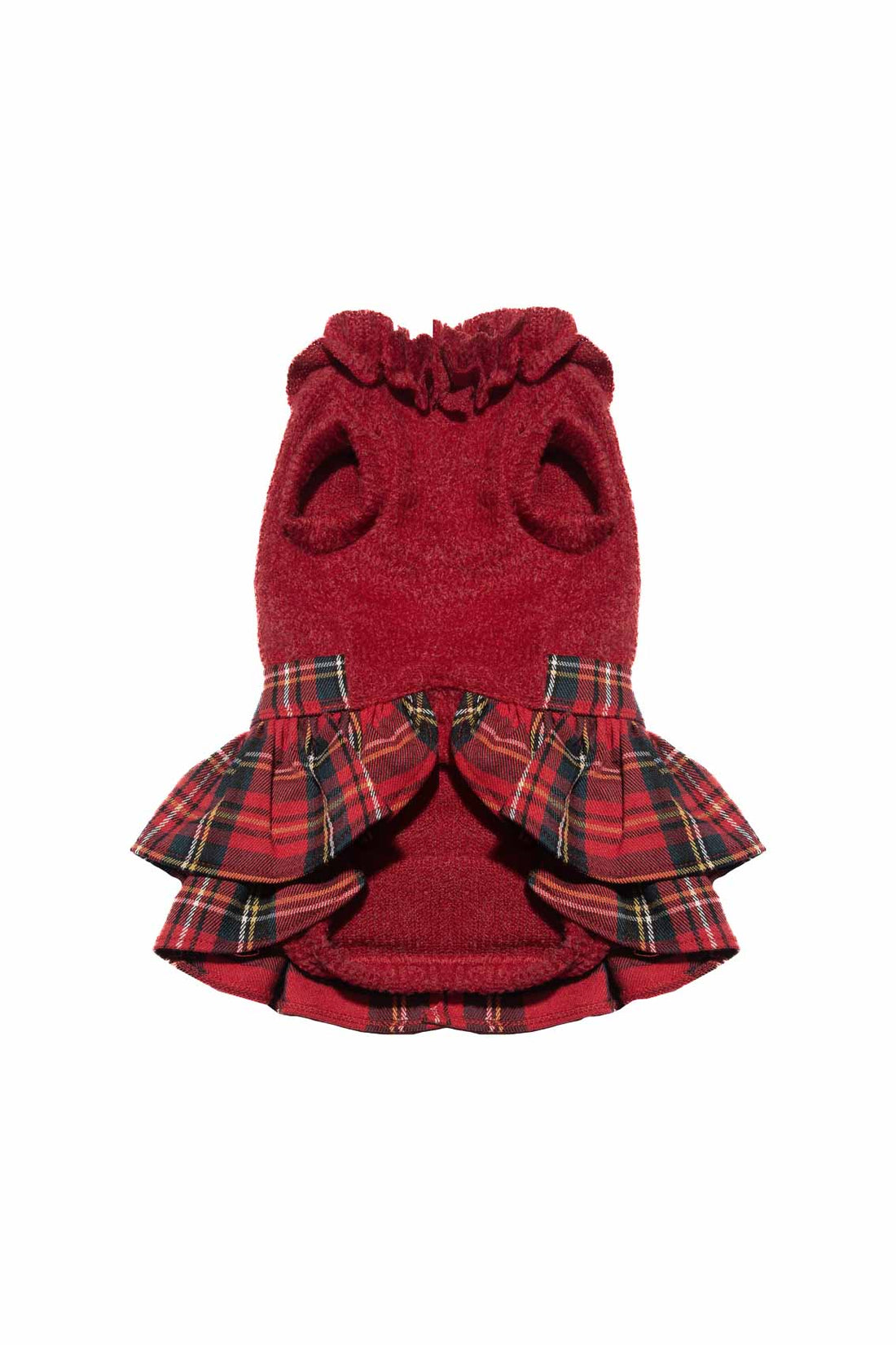 Red dog dress with plaid ruffles on a white background