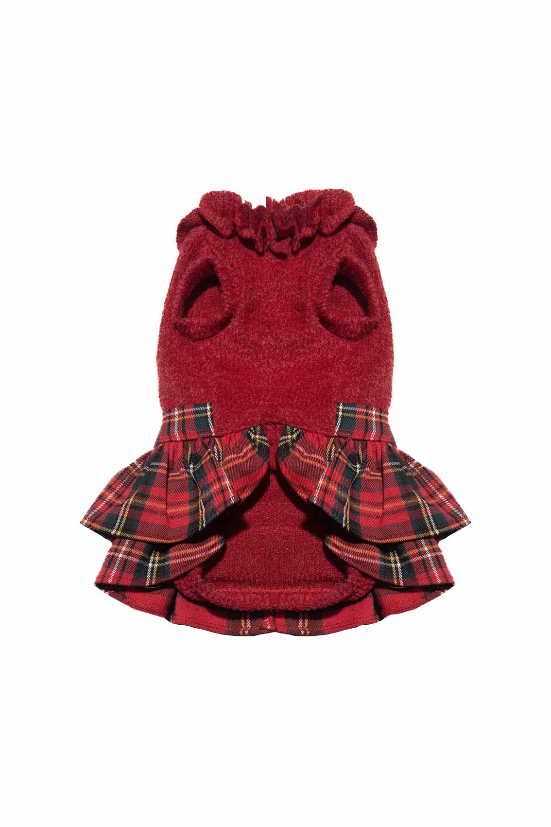 Red dog dress with plaid ruffles on a white background