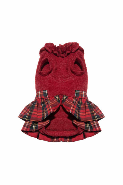 Red dog dress with plaid ruffles on a white background