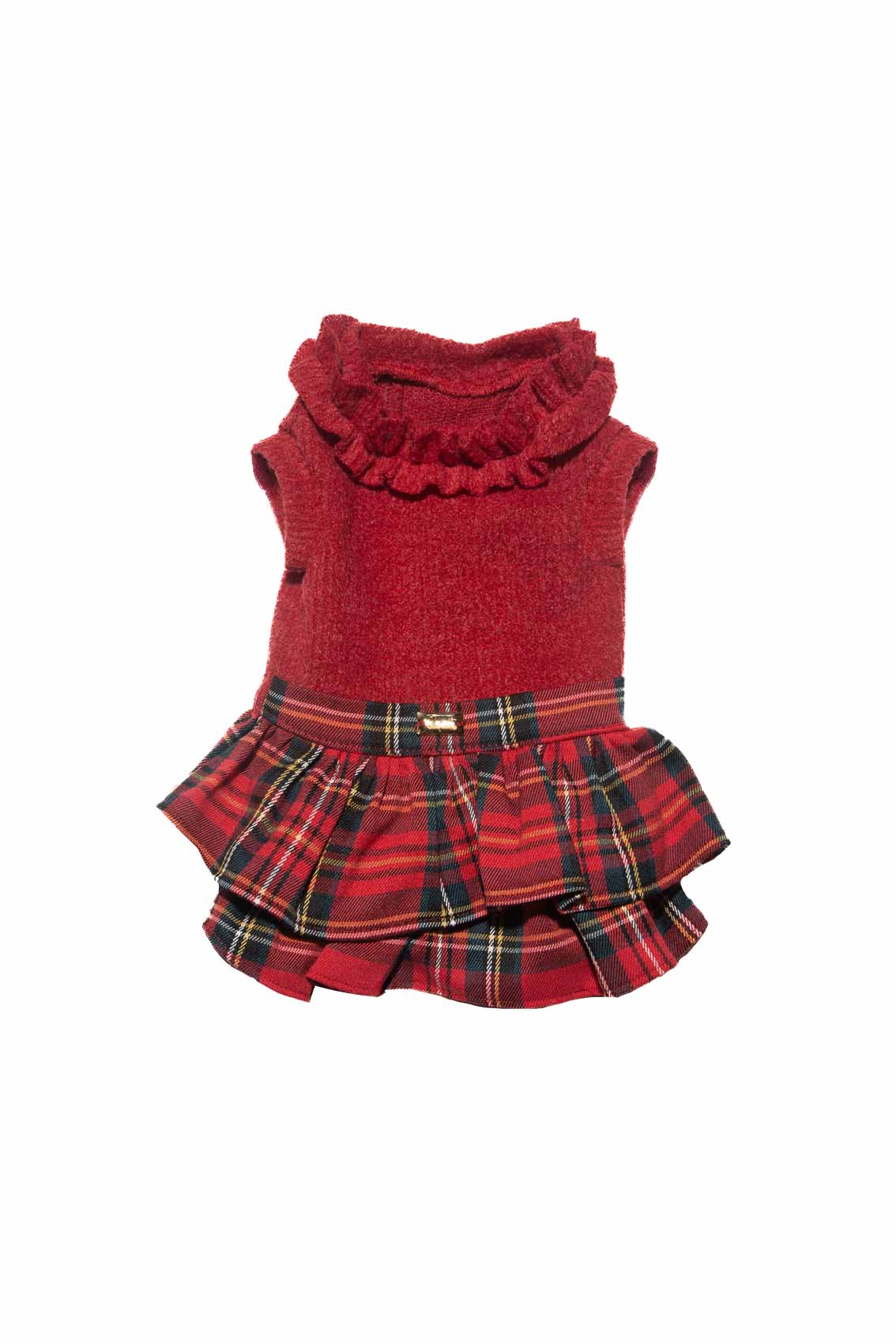Red dog dress with plaid skirt on a white background