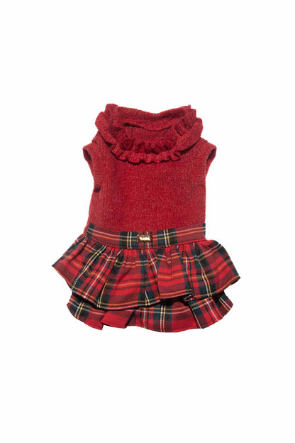 Red dog dress with plaid skirt on a white background